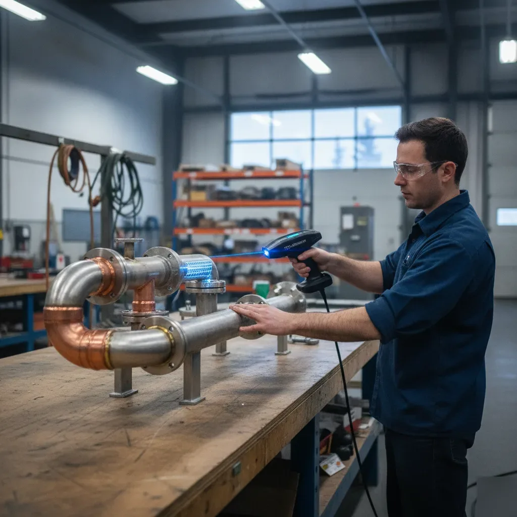 Technician scanning industrial piping with 3D laser scanner for piping drawings in Calgary