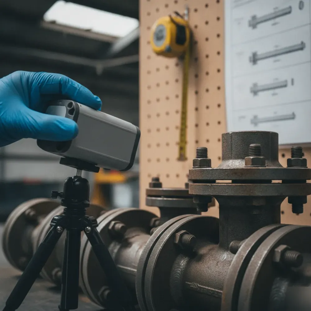 Close-up of hand positioning 3D scanner near steel pipe flanges for Calgary piping drawing