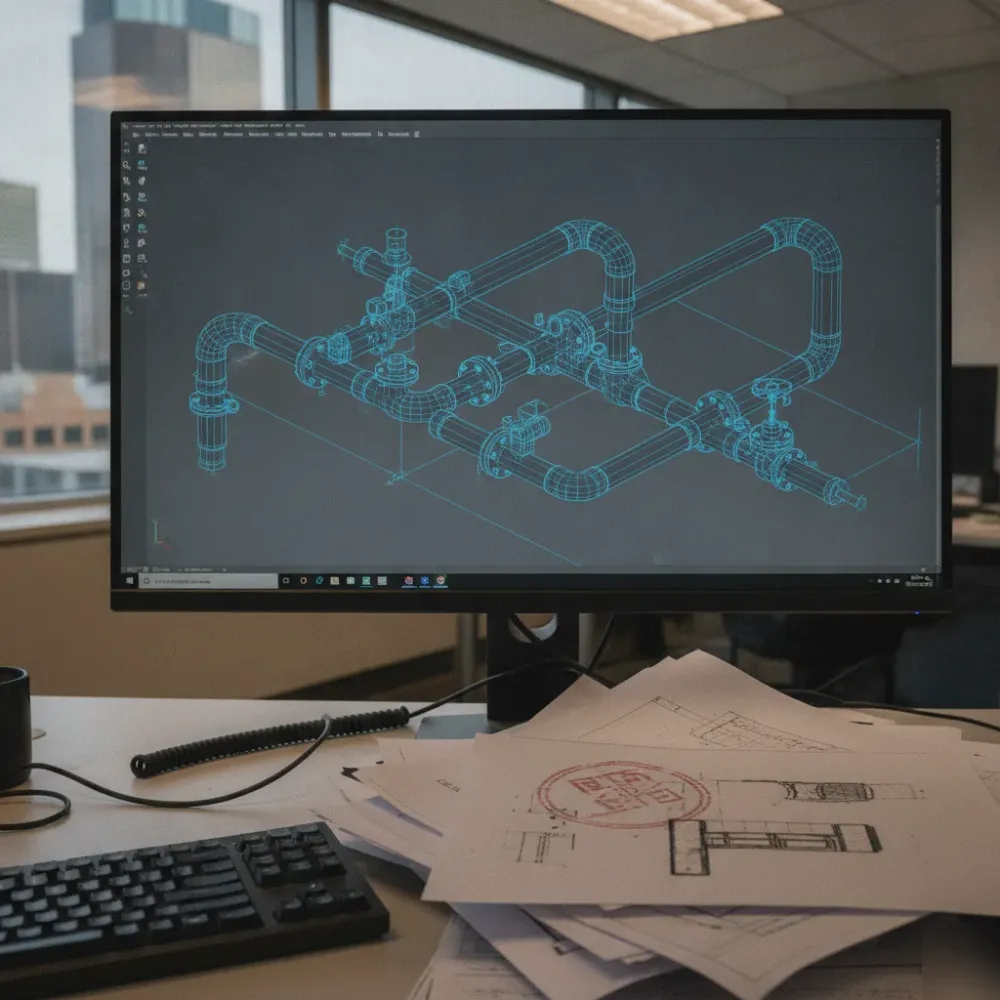 Finished stamped piping drawing and 3D model on screen at Calgary engineering office