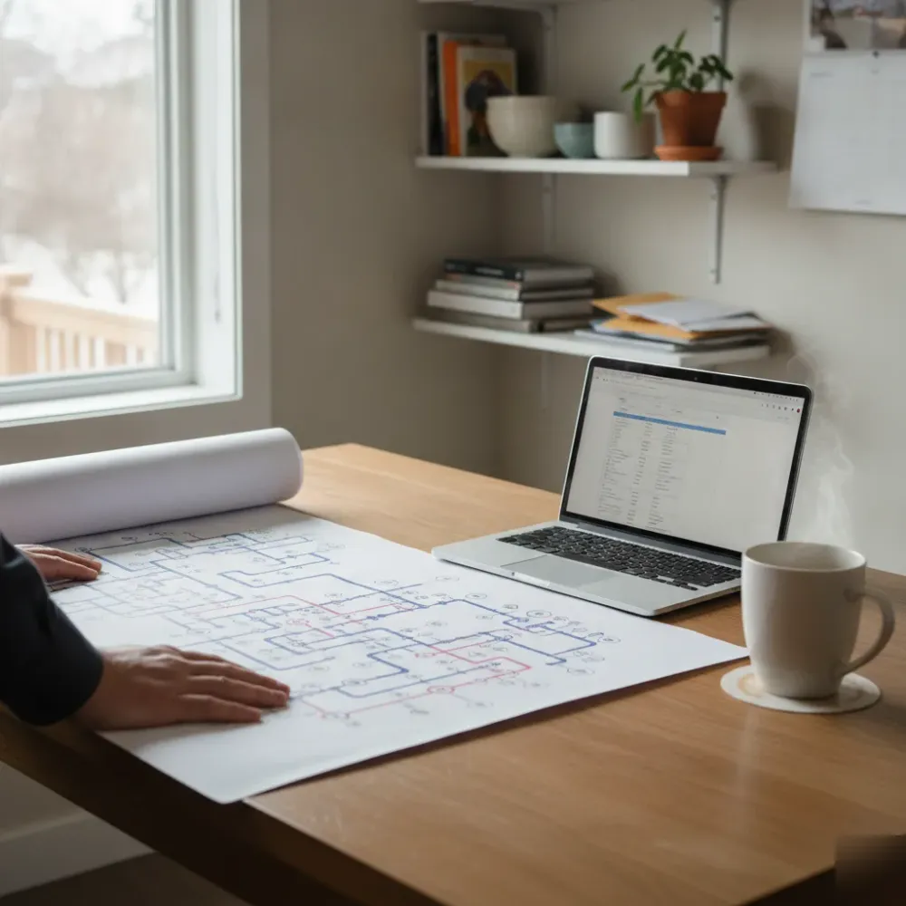 Facility manager reviewing piping plot plan at home table after Calgary drawing service