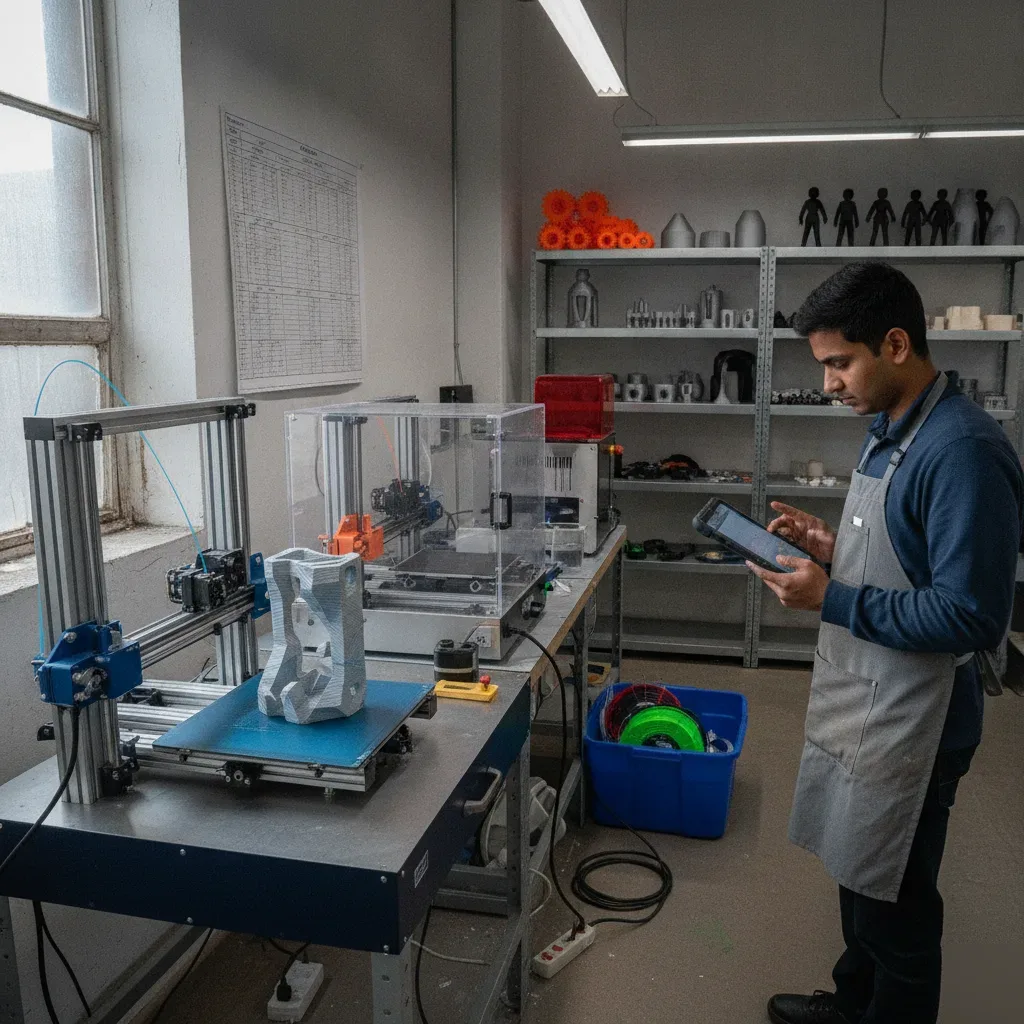 3D printing service workshop in Calgary with multiple printers running and finished parts