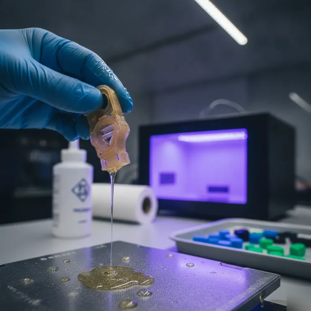 3d-printing-service-rapid-prototyping-resin-calgary Technician removing a rapid prototype part from a resin 3D printer in Calgary