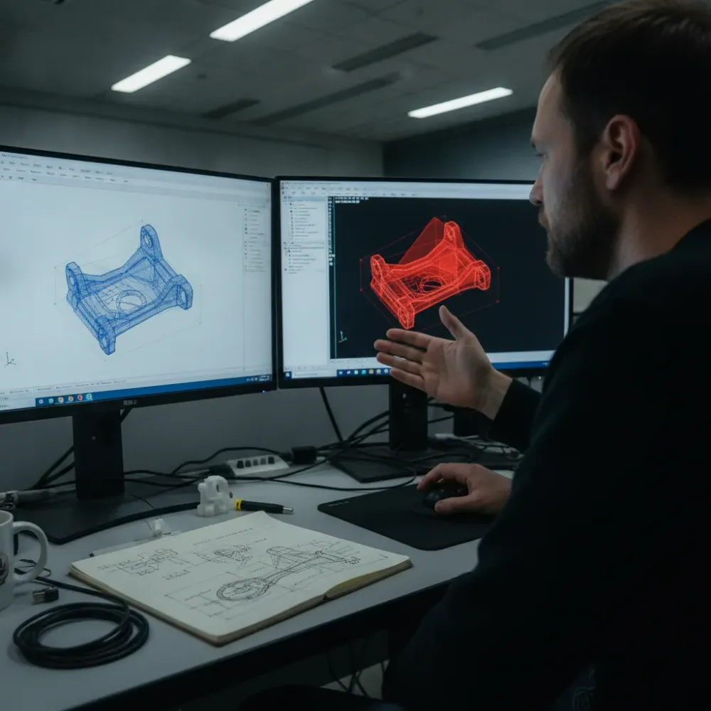 3d-printing-service-design-optimization-workstation-calgary Technician reviewing 3D design files for print optimization at a Calgary workstation