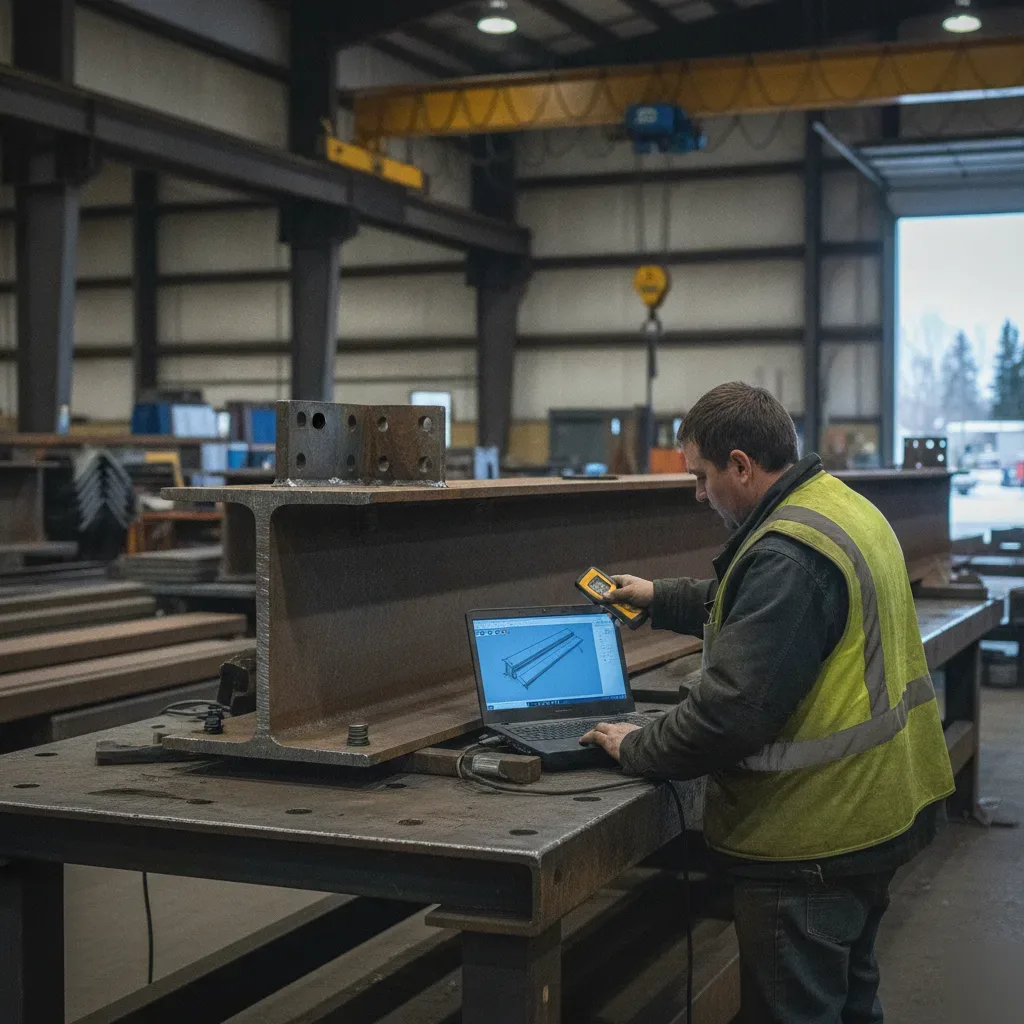 Detailer measuring steel beam connection for 3D structural steel drawings in Calgary