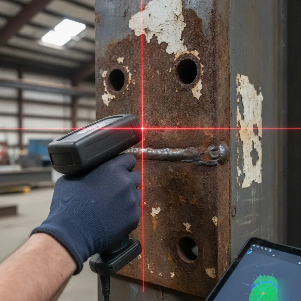 Laser scanner capturing steel column base plate for structural drawings in Calgary