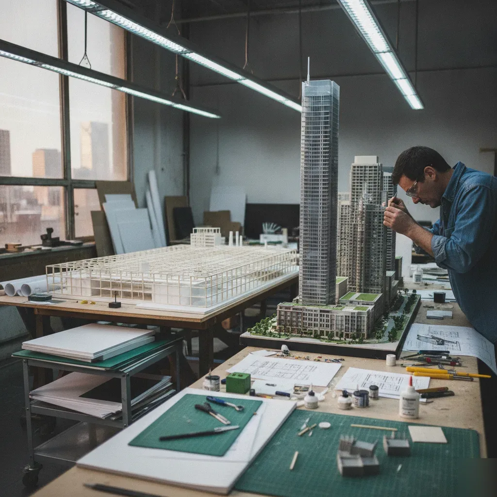 Model maker working on architectural scale model in Calgary workshop with tools
