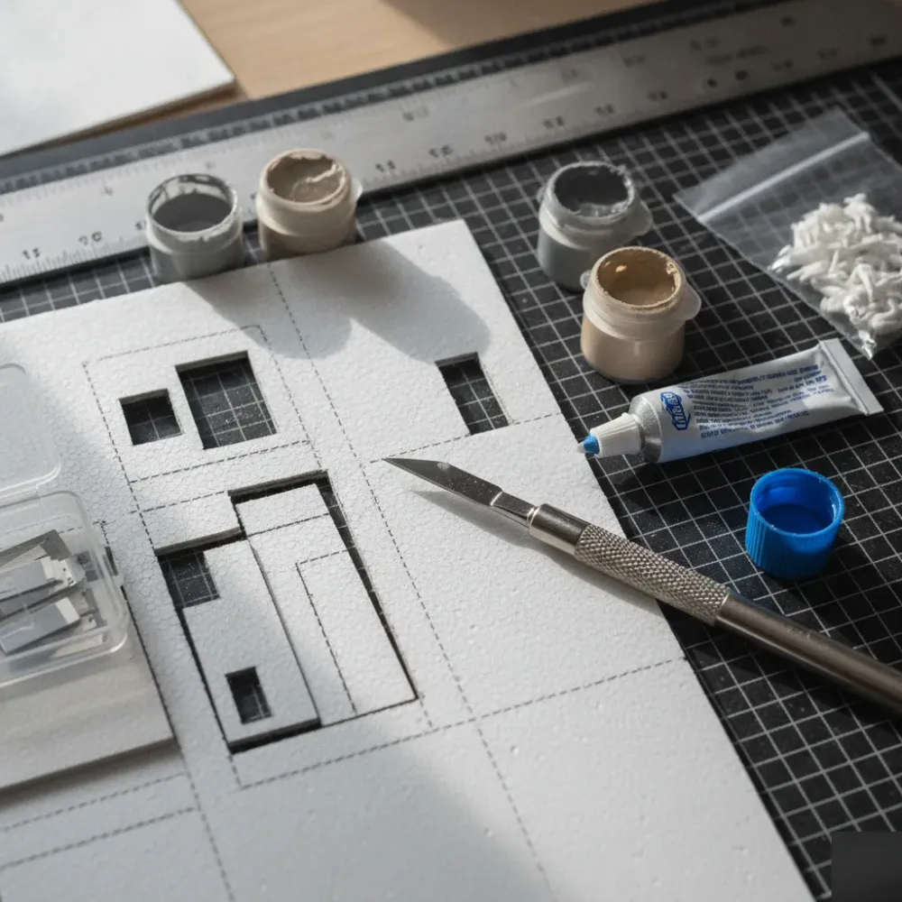 architectural-model-making-tools-materials-calgary Close-up of model making tools and foam board materials in Calgary studio