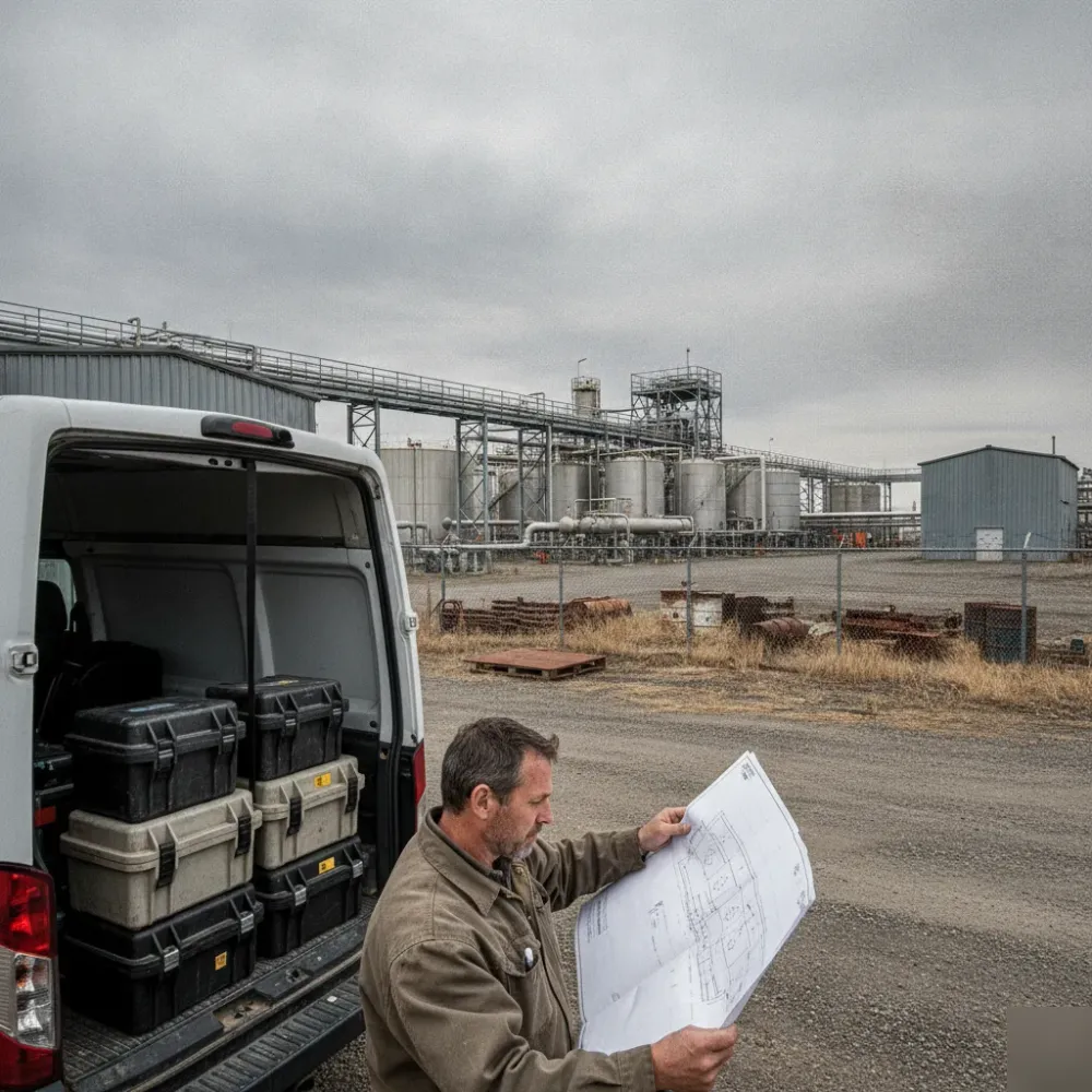 engineering-presentation-model-site-survey-calgary Technician reviewing site plans near Calgary industrial facility for engineering model