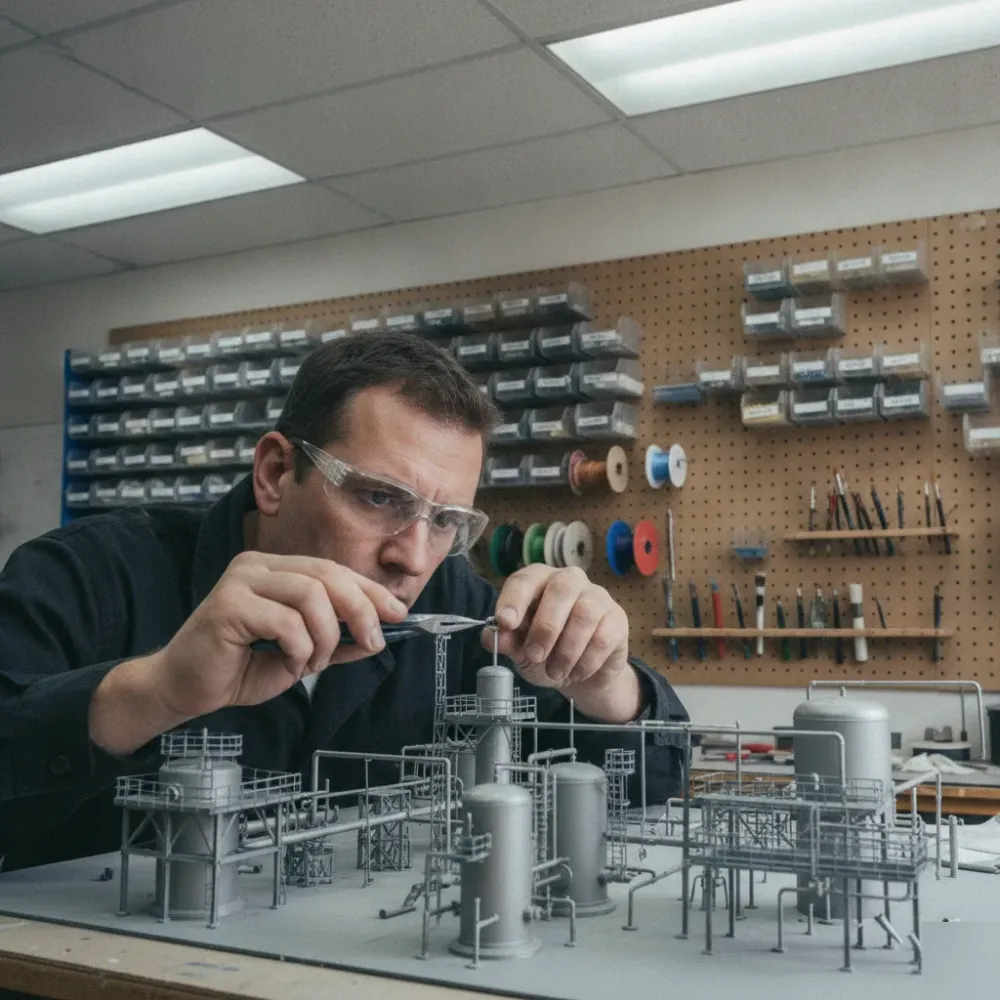 engineering-facility-model-assembly-calgary-workshop Model maker assembling detailed engineering facility model in Calgary workshop