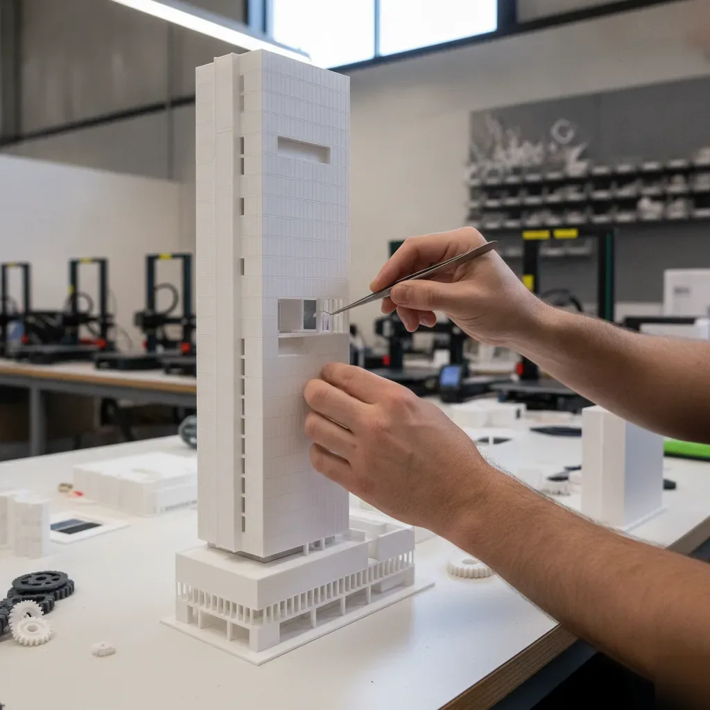 Technician placing window panel on architectural scale model in Calgary workshop