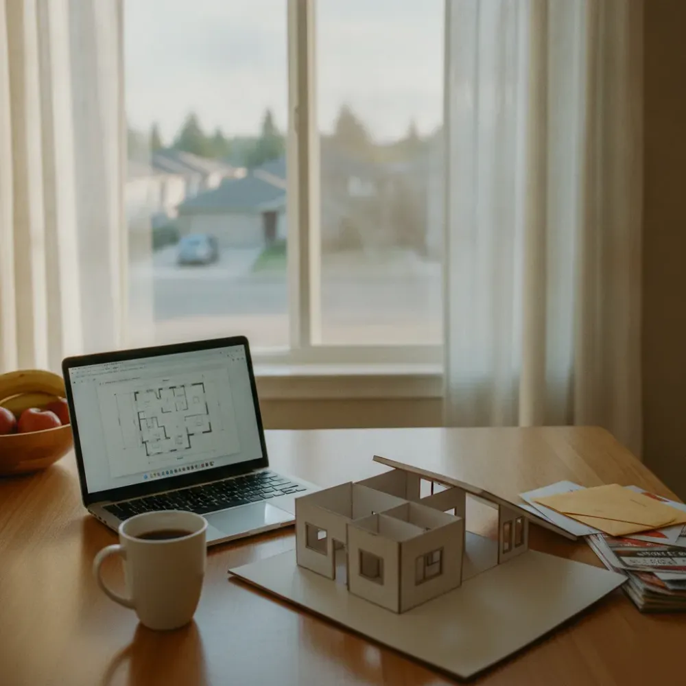 homeowner-reviewing-addition-scale-model-calgary Homeowner reviewing scale model of home addition at kitchen table in Calgary
