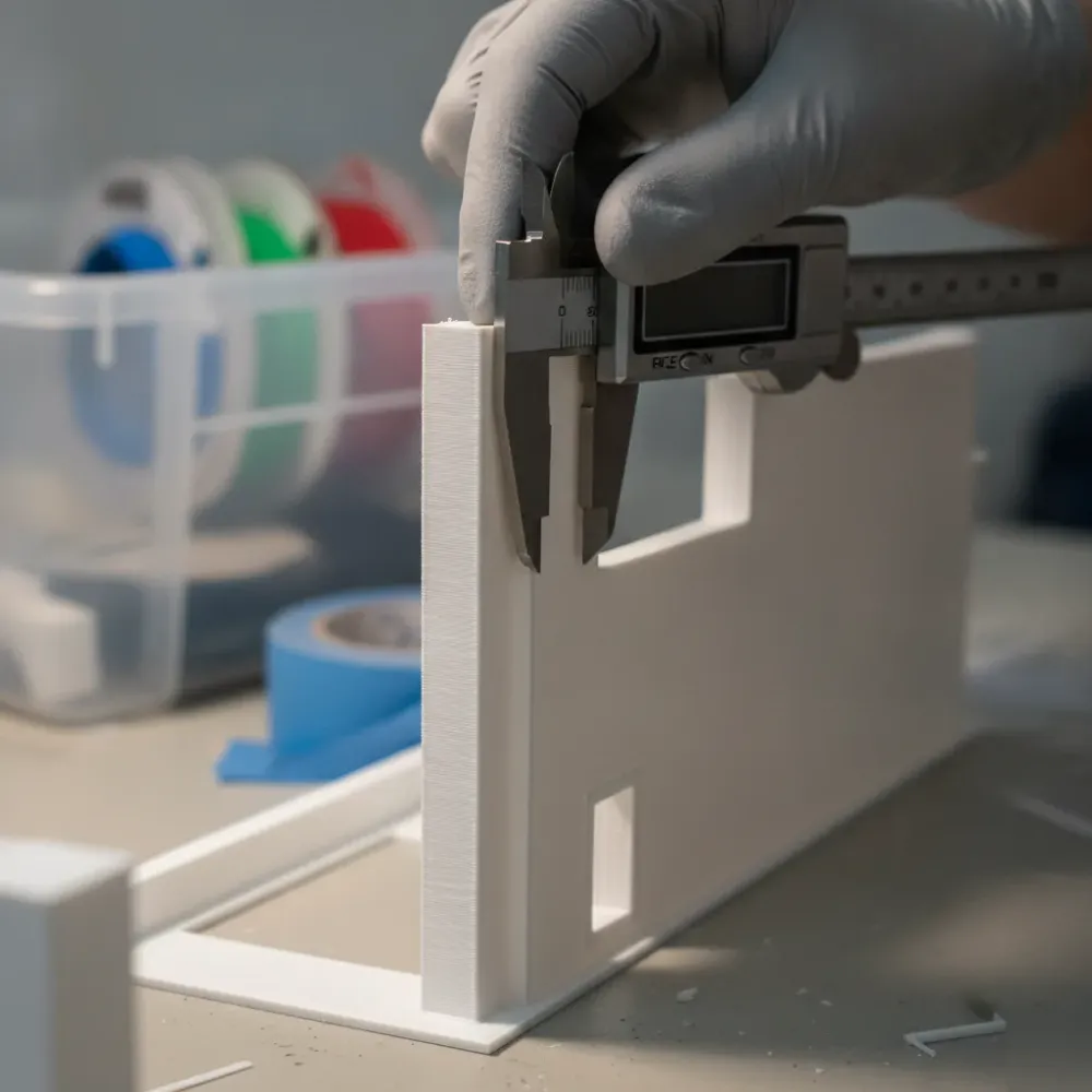 quality-check-printed-model-wall-thickness-calgary Technician measuring 3D printed model wall thickness with calipers in Calgary shop
