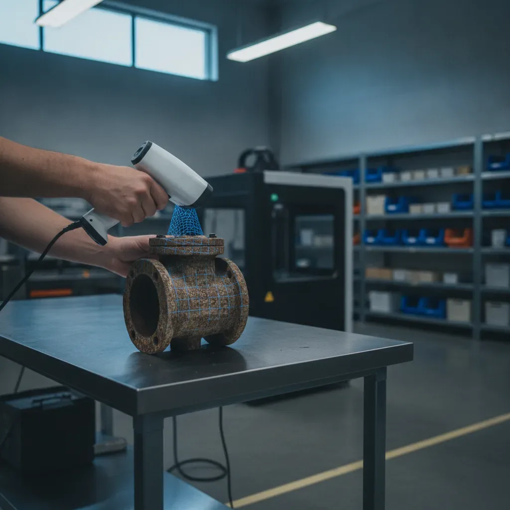 Technician scanning an obsolete industrial valve for custom 3D design reverse engineering in Calgary