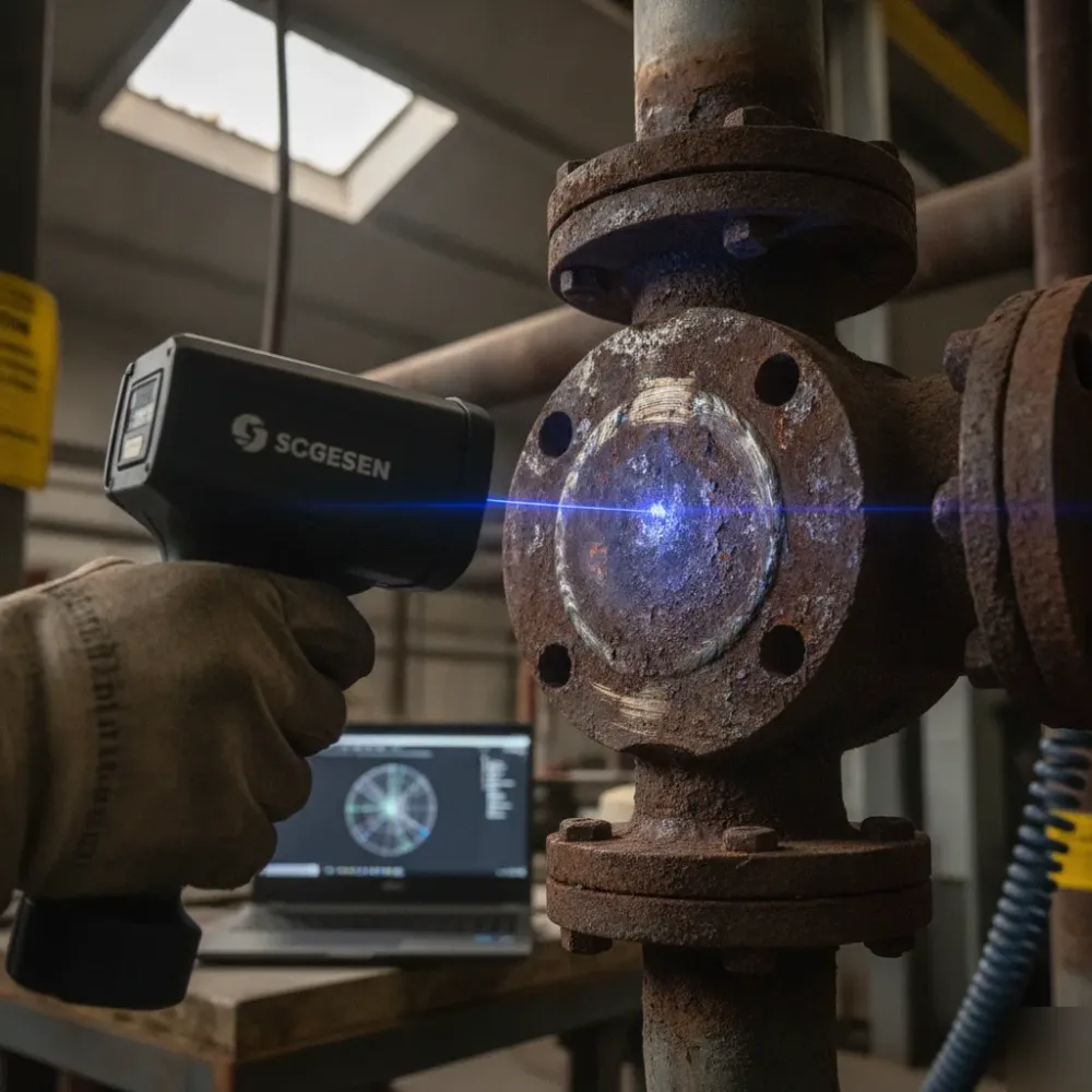 facility-scanning-corroded-pipe-flange-digital-twin-calgary Close-up of 3D scanner capturing corroded pipe flange for digital twin at Calgary facility