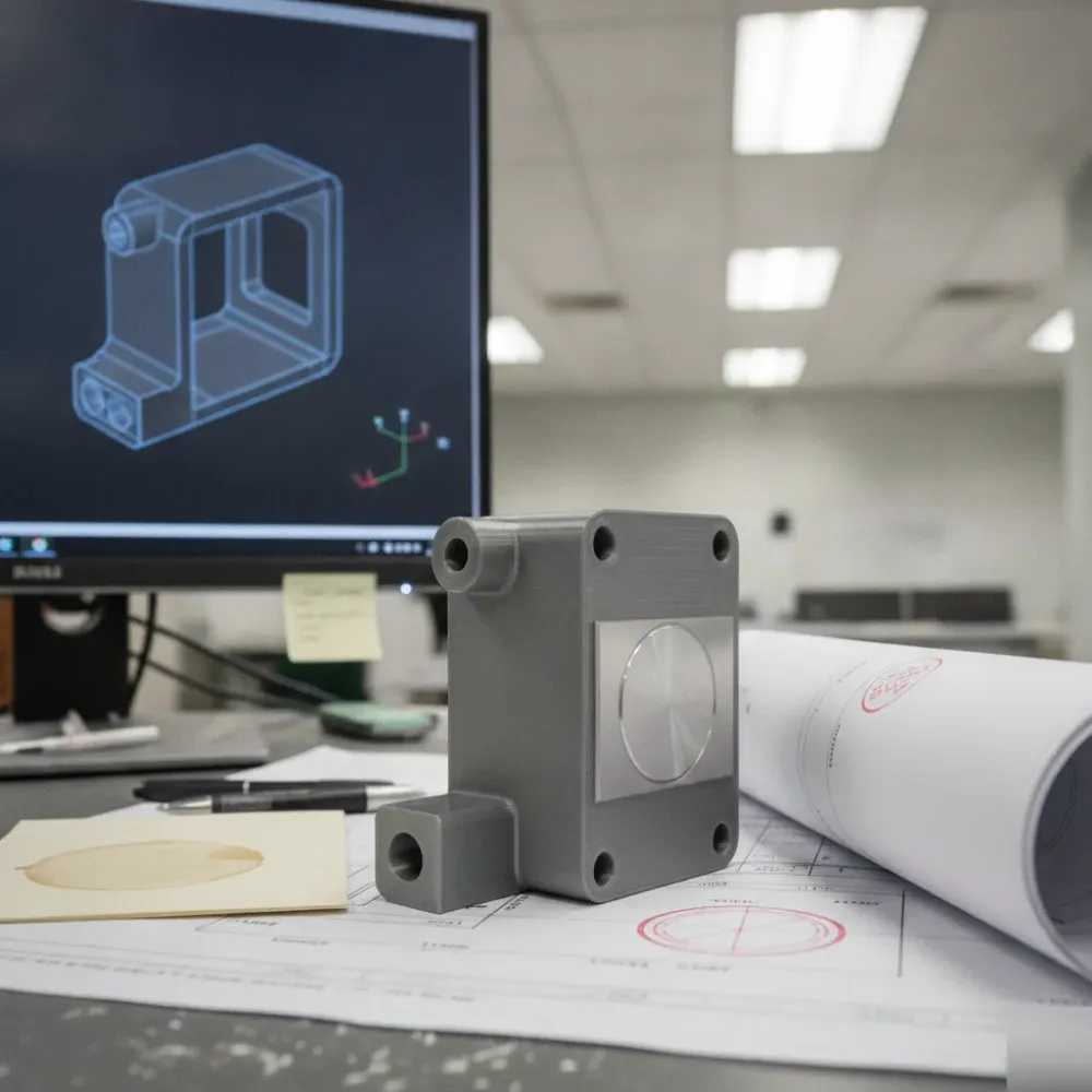 custom-3d-design-stamped-bracket-finished-part-calgary Finished 3D-printed bracket beside stamped engineering drawing in Calgary design office