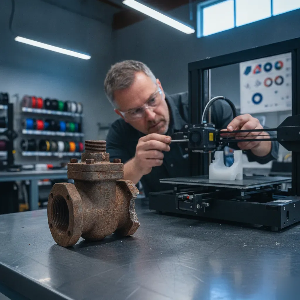 Technician 3D printing a custom replacement valve part in Calgary fabrication shop