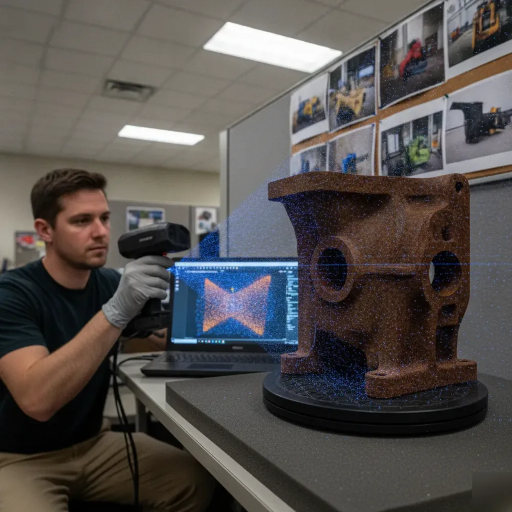 3D scanning a rusted pump bracket for reverse engineering in Calgary