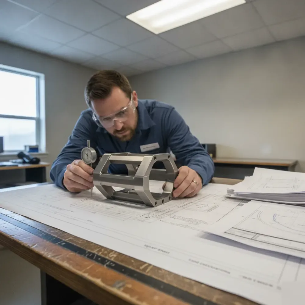 Engineer inspecting a safety-critical printed bracket before sign-off in Calgary
