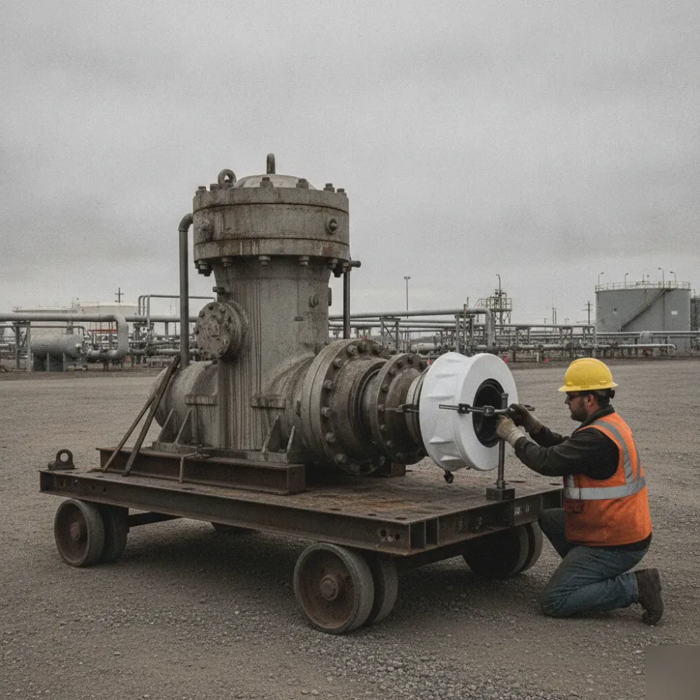 Technician installing a custom fabricated part on Calgary energy equipment