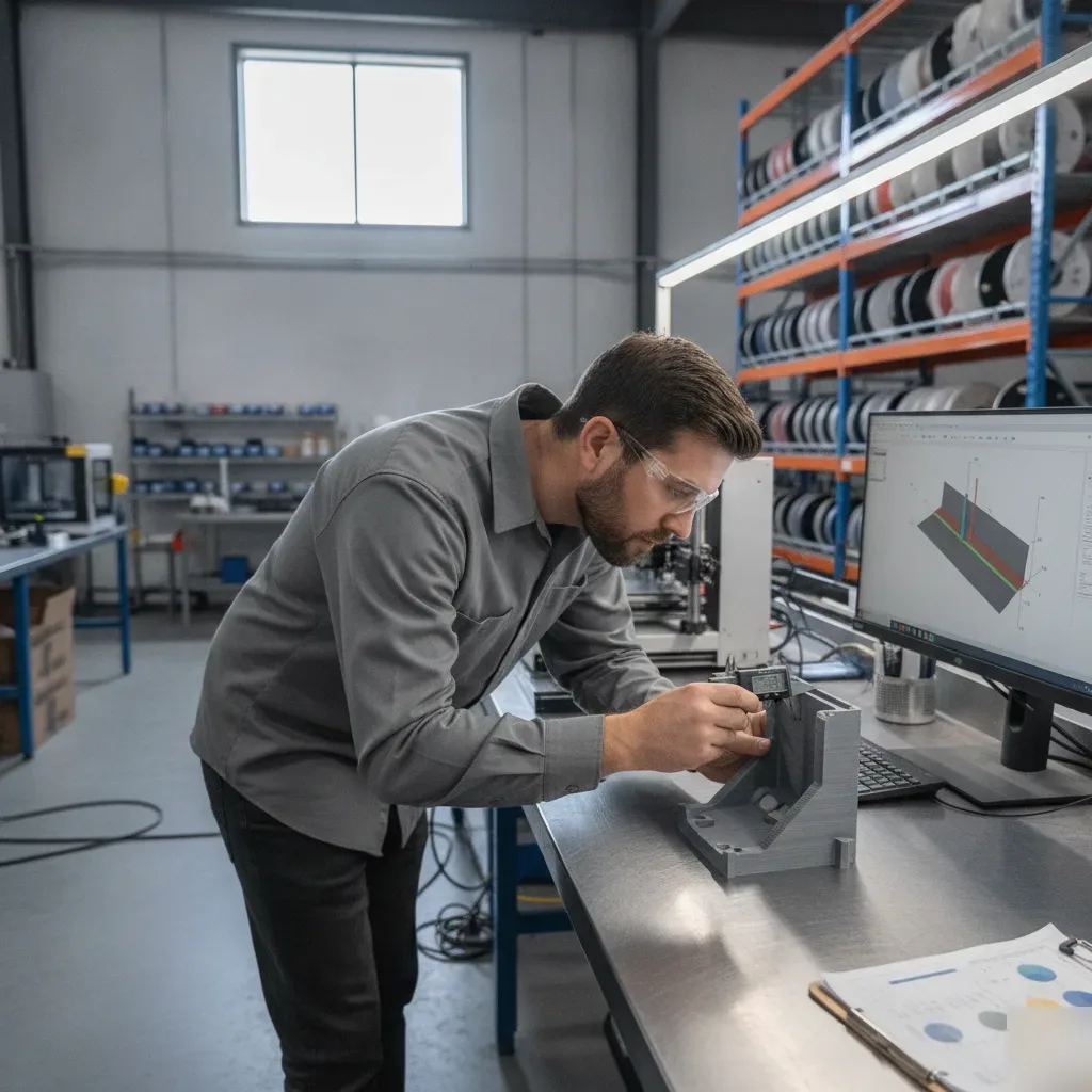 Engineer measuring 3D printed part wall thickness during design optimization in Calgary