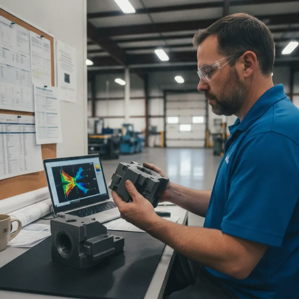 design-optimization-print-engineering-signoff-review-calgary Manager reviewing engineering sign-off report for printed part in Calgary facility