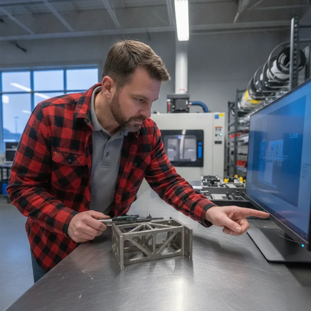 Engineer inspecting 3D-printed bracket during design validation stamping review in Calgary