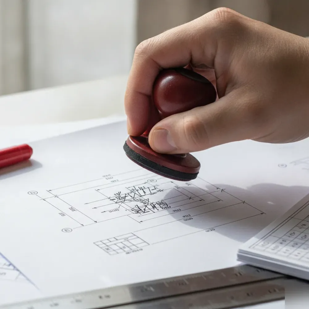 Close-up of engineering stamp pressed onto certified drawing during Calgary design validation