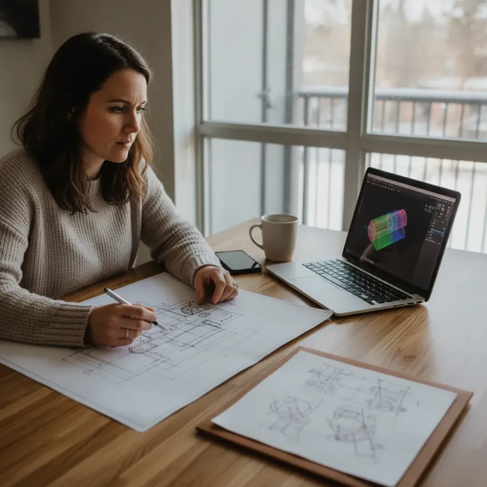 Client reviewing CAD drawing at home before requesting Calgary engineering stamping service