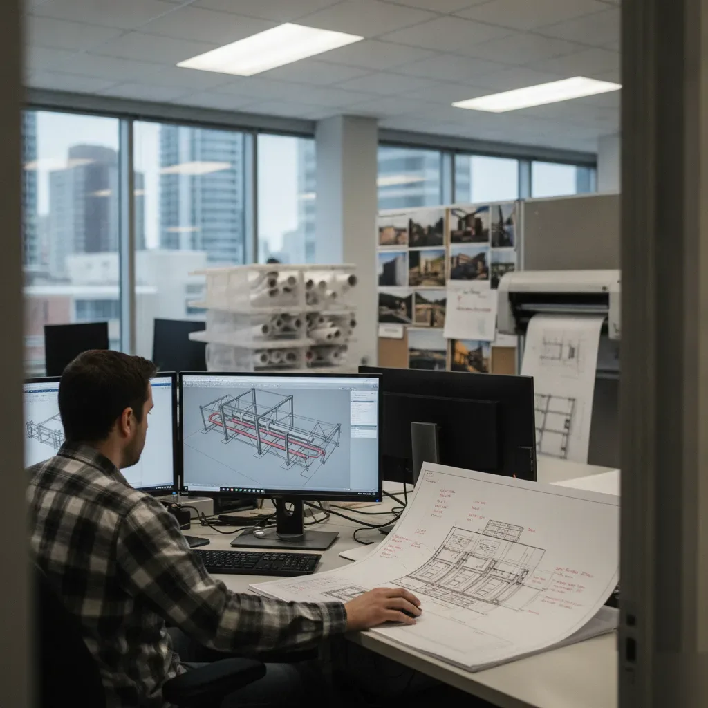 Drafter reviewing 3D piping drawings in Calgary drafting office with monitors and blueprints