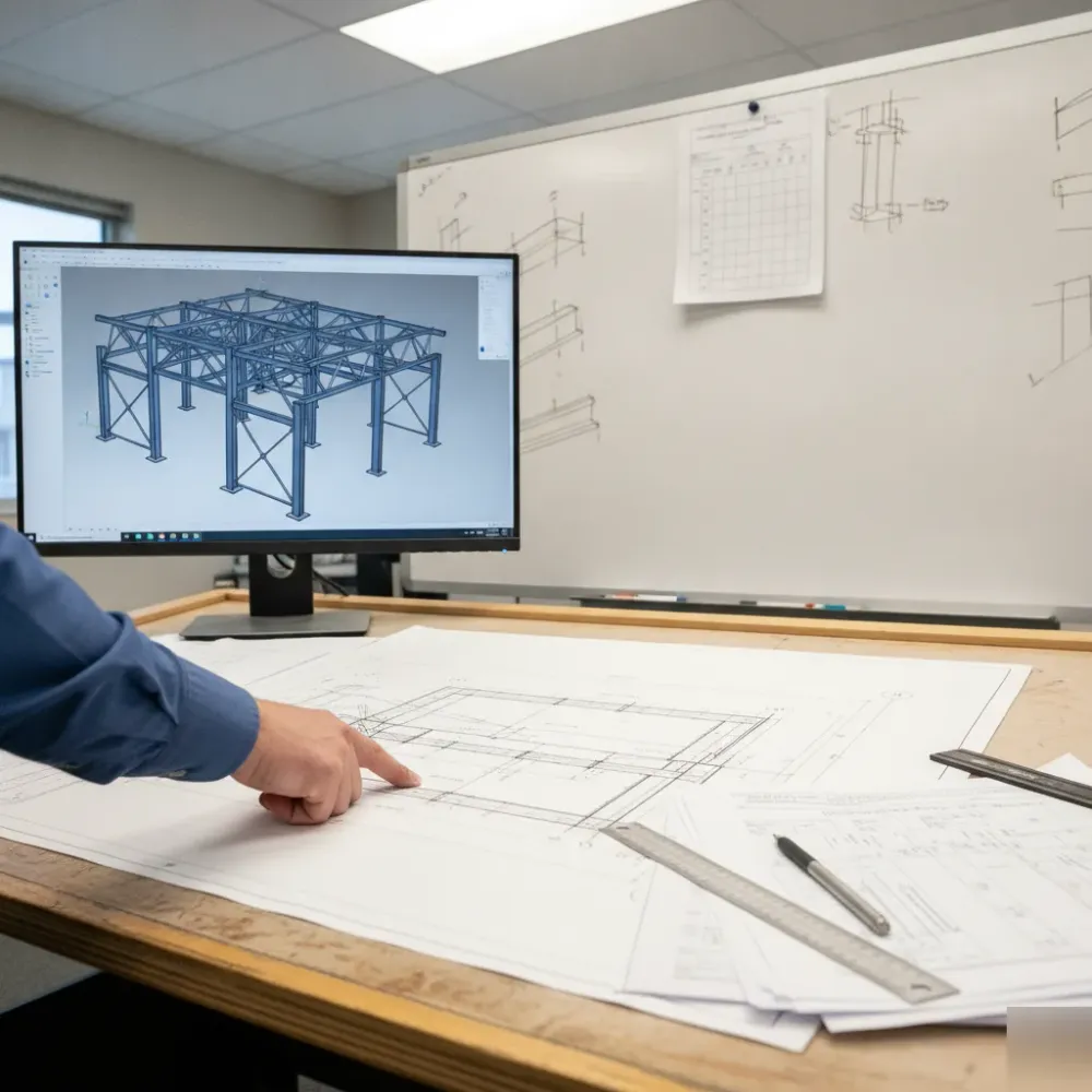 3d-structural-steel-drawings-calgary-office 3D structural steel model on screen with drafter reviewing printout in Calgary office