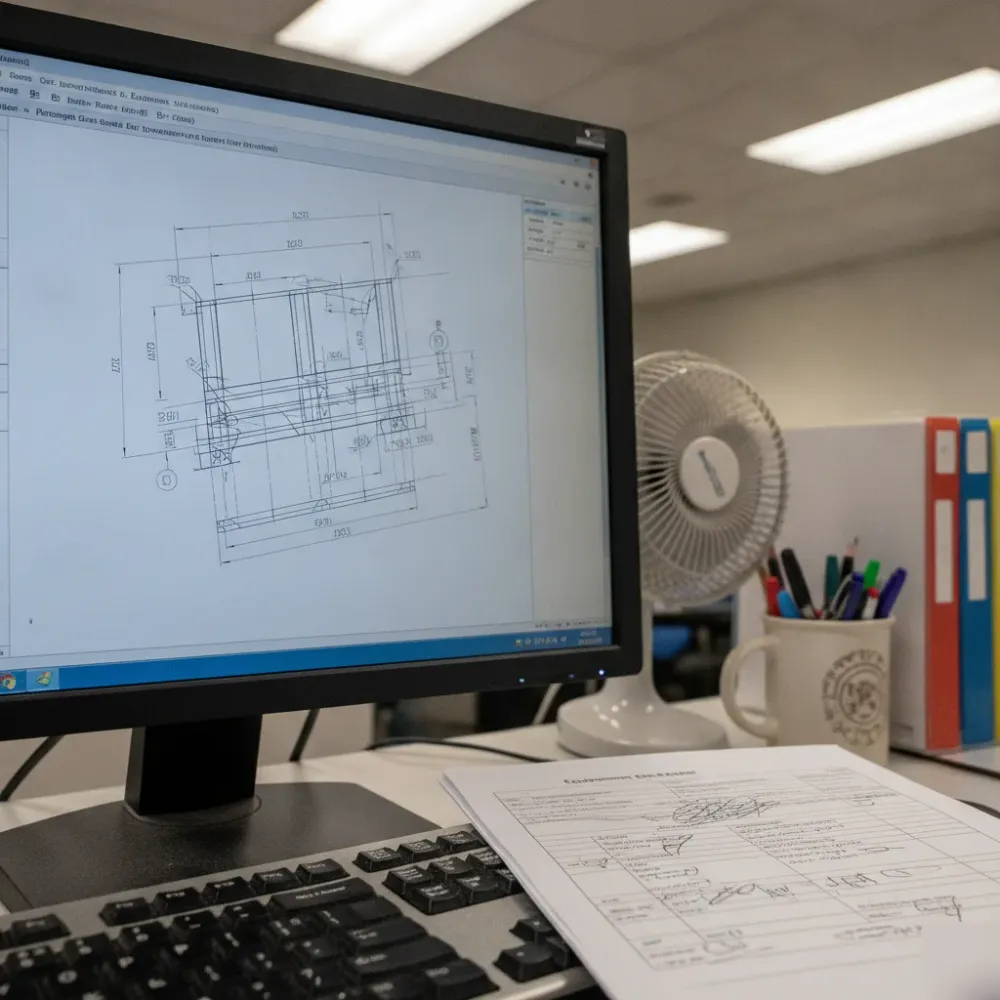 mechanical-drafting-equipment-drawing-calgary Mechanical equipment drawing on screen at Calgary drafting office desk with datasheet