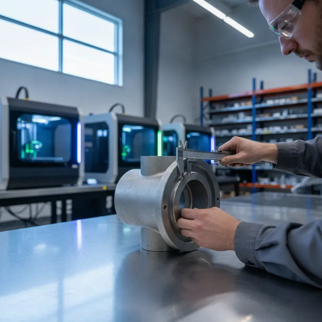 Technician measures 3D printed industrial part with caliper in Calgary production facility