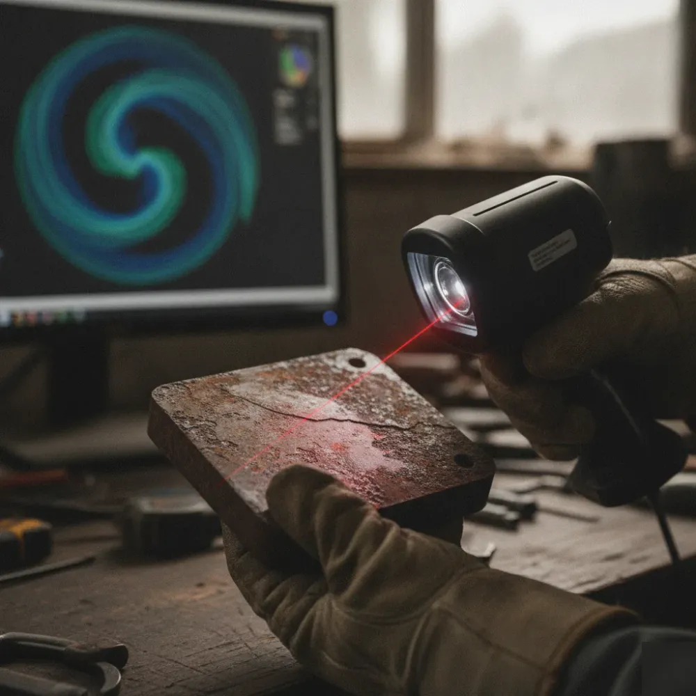 Hands scanning corroded legacy metal part for reverse engineering in Calgary shop