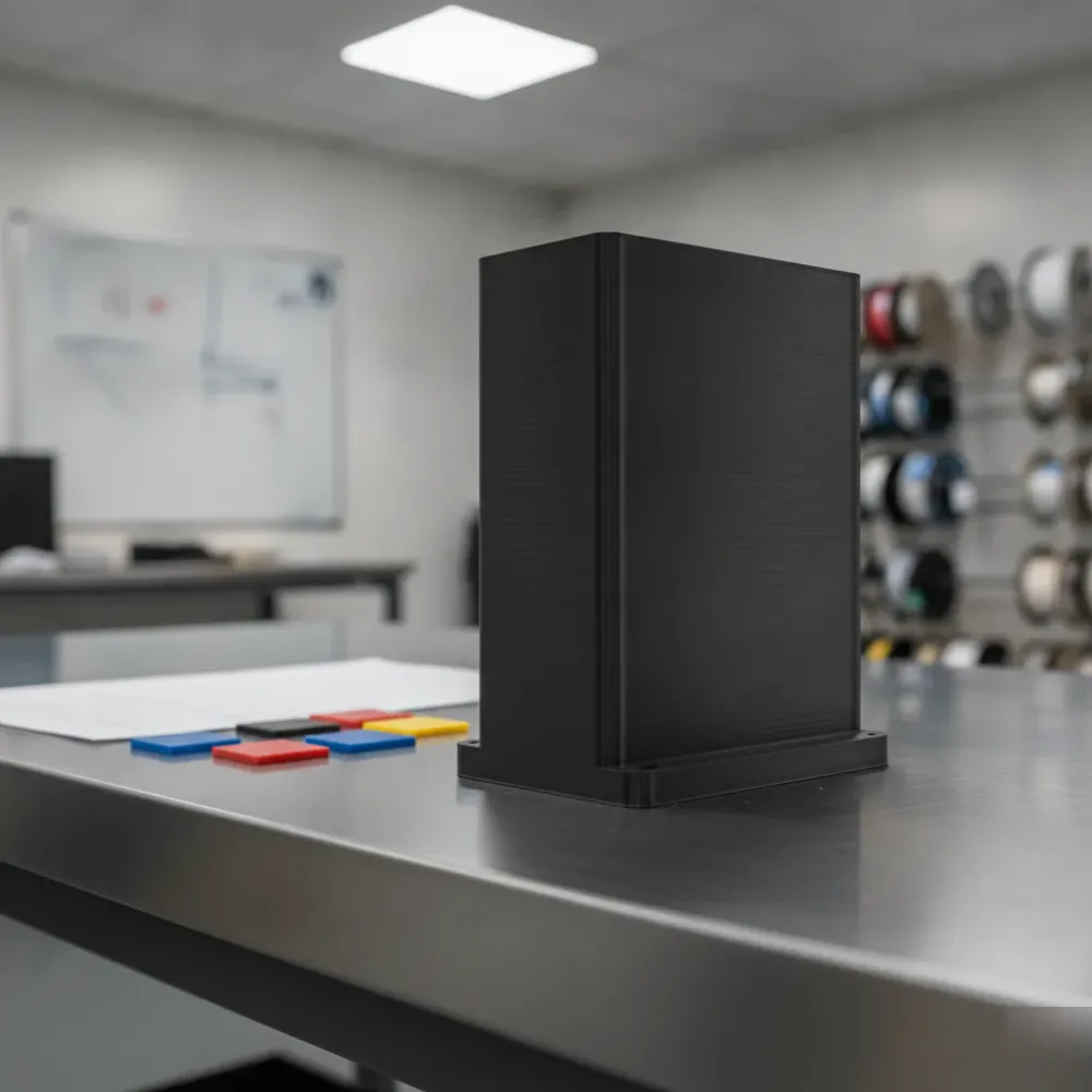 Finished industrial 3D printed part with material samples in Calgary facility