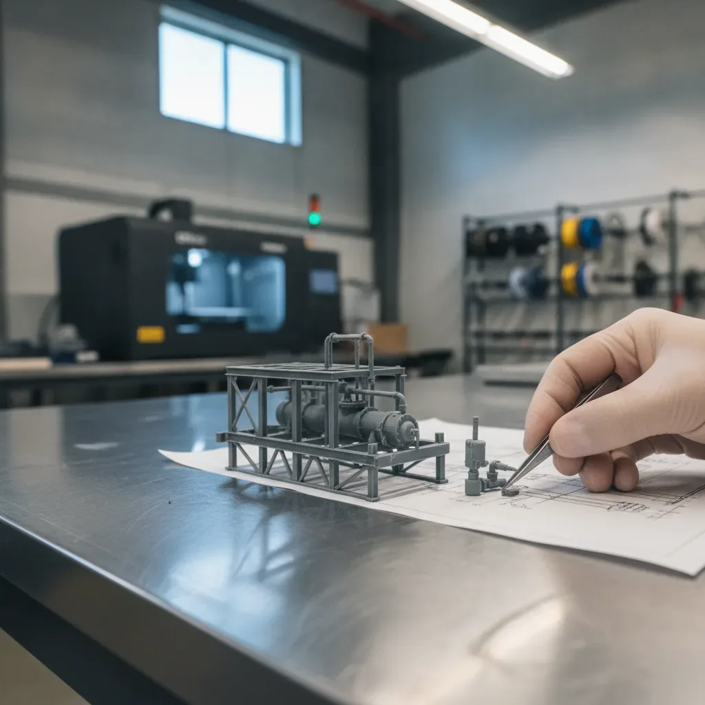 Technician adjusts compressor skid engineering presentation model in Calgary print shop