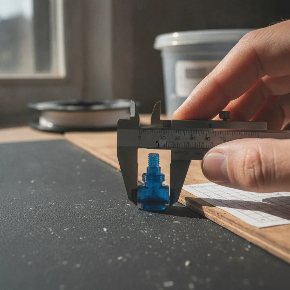 Close-up of caliper measuring 3D-printed valve part for Calgary engineering model