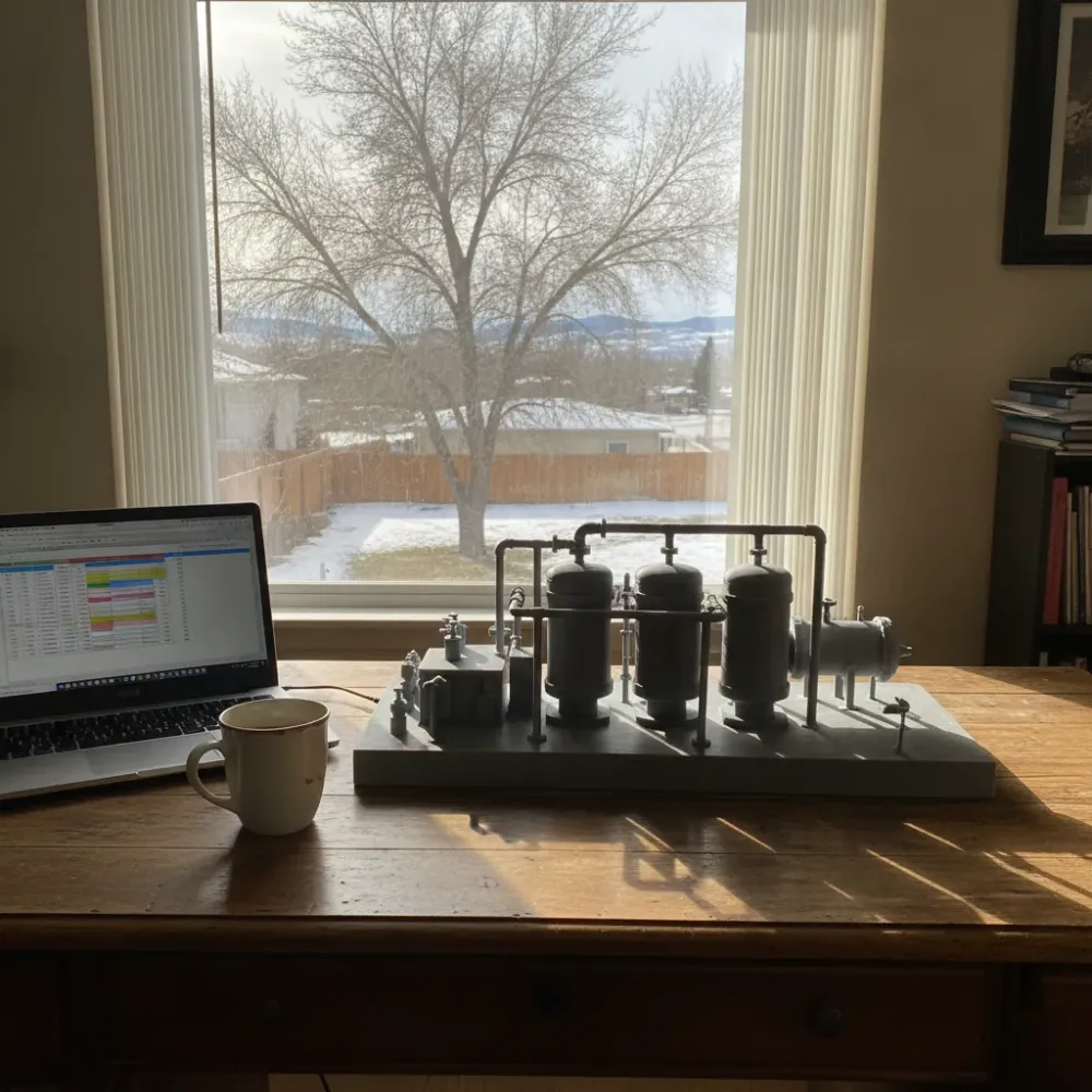 Compressor package presentation model on home desk near Calgary window