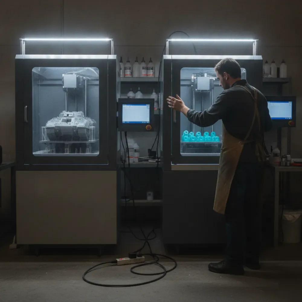 Technician adjusts industrial 3D printer producing tank model parts in Calgary