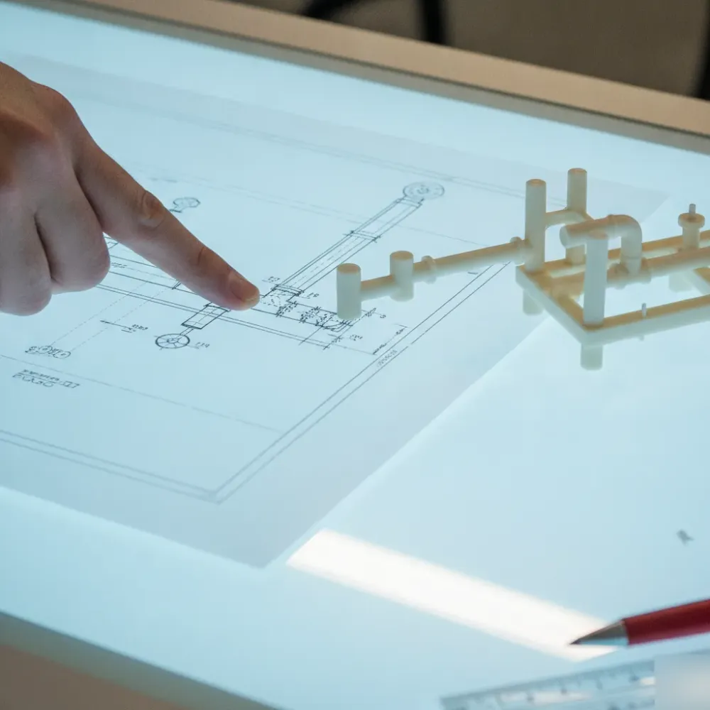 Hand comparing schematic drawing to partial printed skid section in Calgary