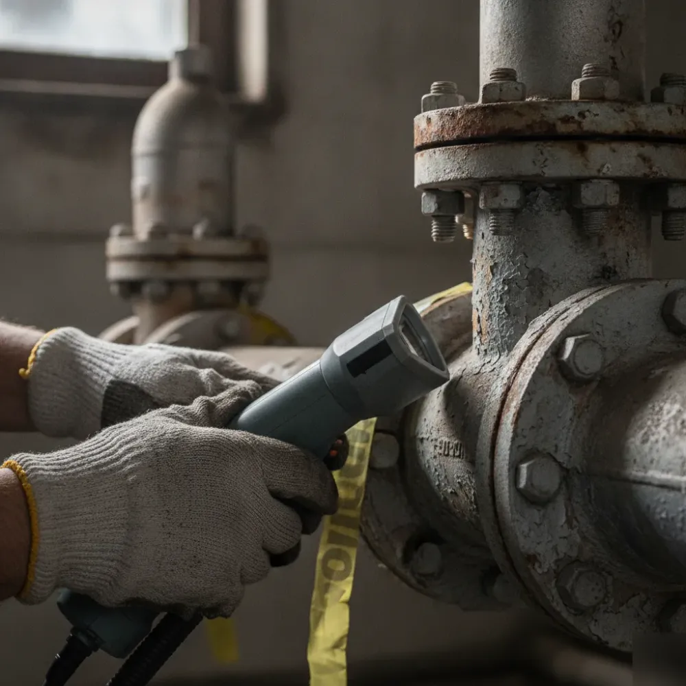 Handheld scanner capturing corroded pipe flange detail for as-builts