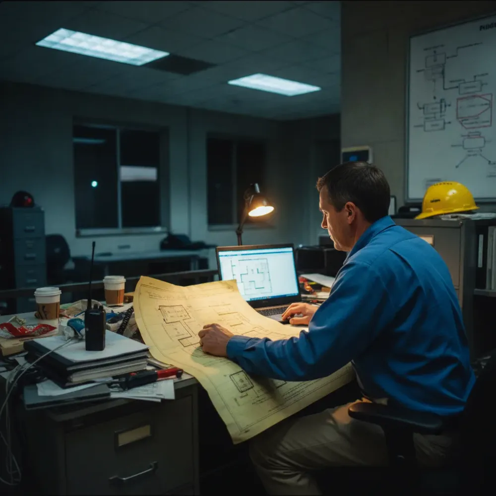 Manager comparing old drawings to updated as-built plan in Calgary plant