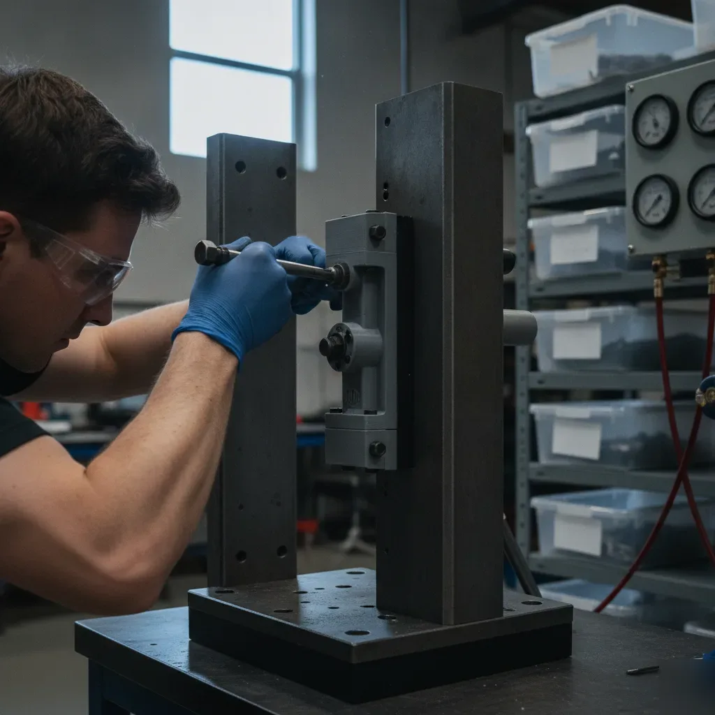 Technician torque-testing a 3D-printed valve prototype in a Calgary testing lab