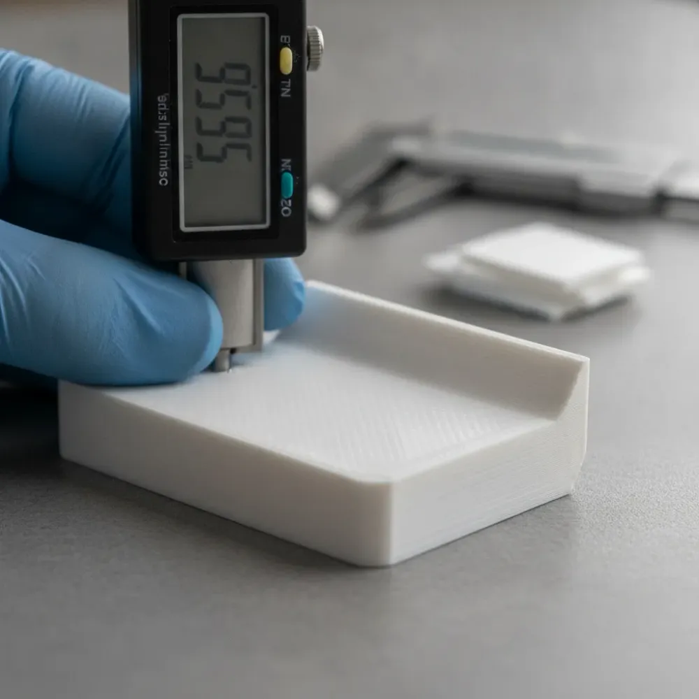 Dial indicator checking tolerance on a 3D-printed bracket in Calgary testing