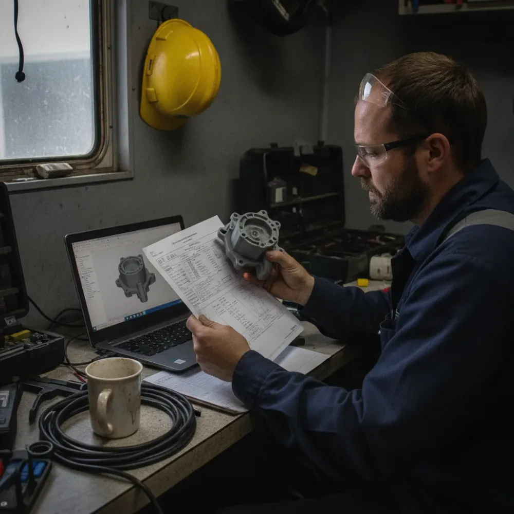 Field technician reviewing a 3D-printed sensor housing prototype near Calgary
