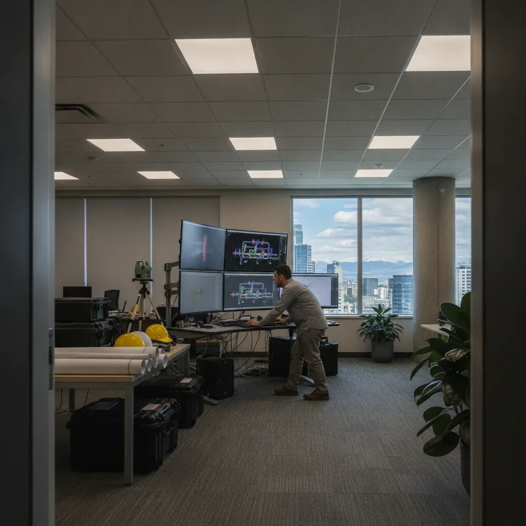 Technician reviews 3D facility model at workstation in Calgary industrial design office