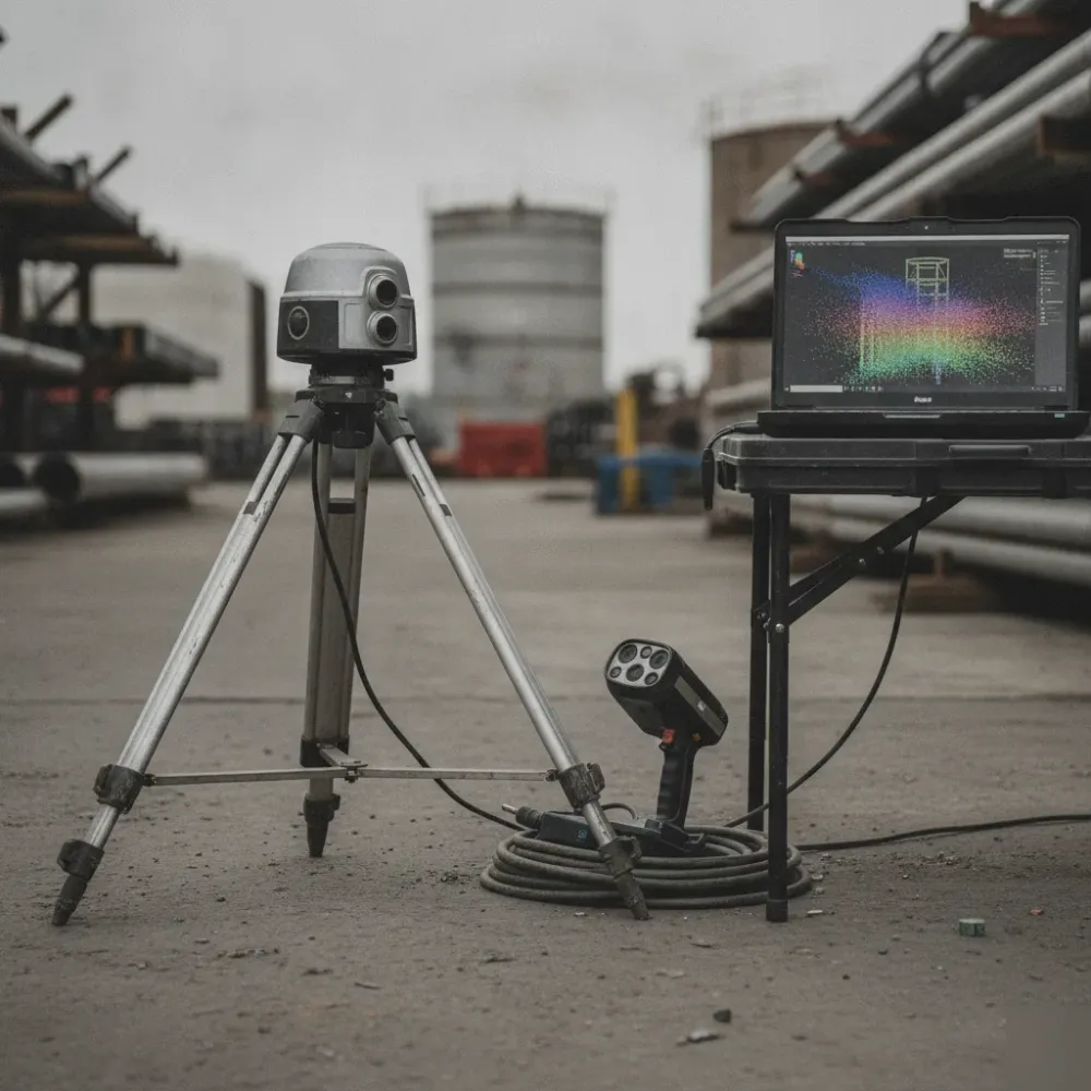 oil-gas-facility-modeling-scanner-equipment-calgary 3D laser scanner equipment capturing oil and gas facility data at Calgary industrial site