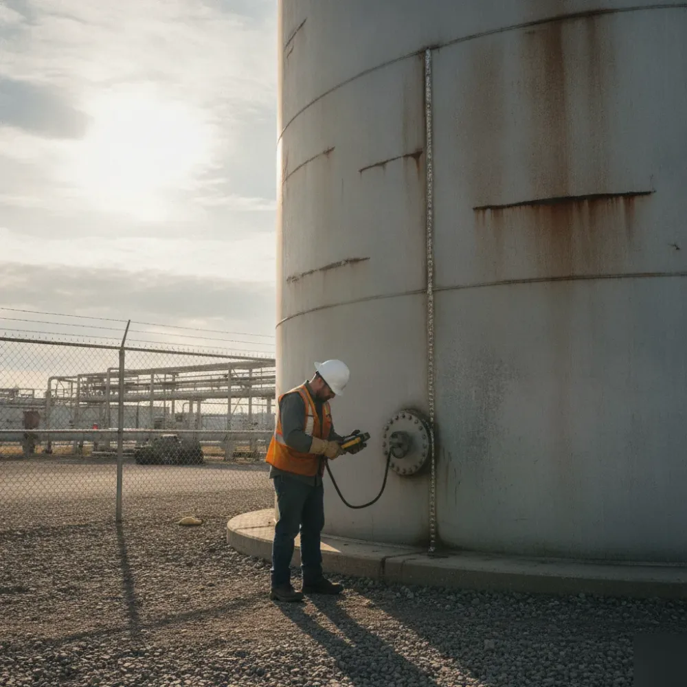 tank-vessel-modeling-storage-tank-calgary Technician scanning steel storage tank for 3D modeling at Calgary industrial yard