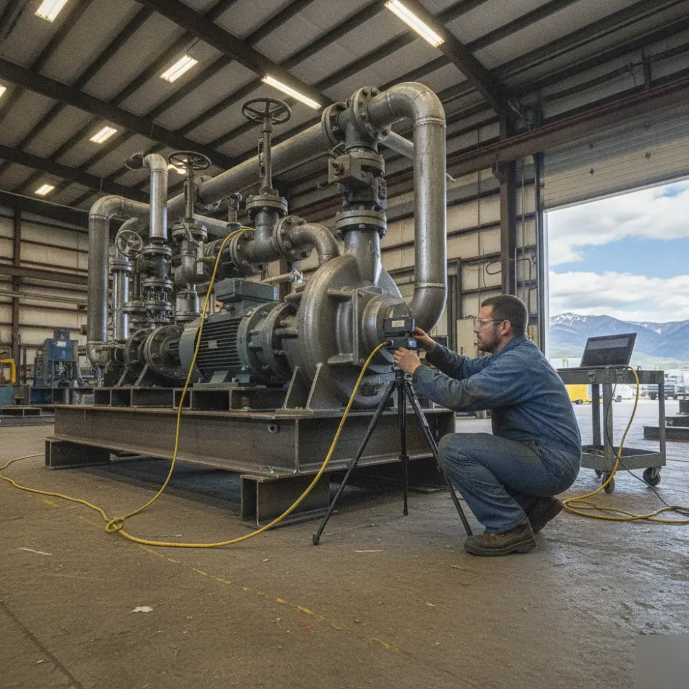 skid-pump-package-modeling-fabrication-yard-calgary Worker scanning skid-mounted pump package for 3D modeling in Calgary fabrication yard