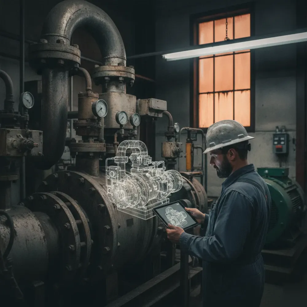 compressor-genset-modeling-rotating-equipment-calgary Technician comparing 3D model to compressor and generator equipment at Calgary facility