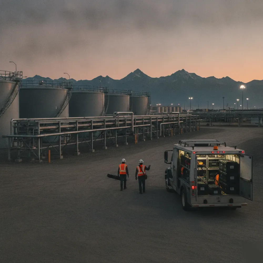 industrial-design-company-yard-environment-calgary Workers with scanning equipment at Calgary industrial yard during evening light